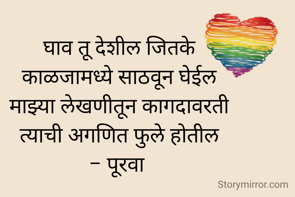 घाव तू देशील जितके
काळजामध्ये साठवून घेईल
माझ्या लेखणीतून कागदावरती
त्याची अगणित फुले होतील
- पूरवा 