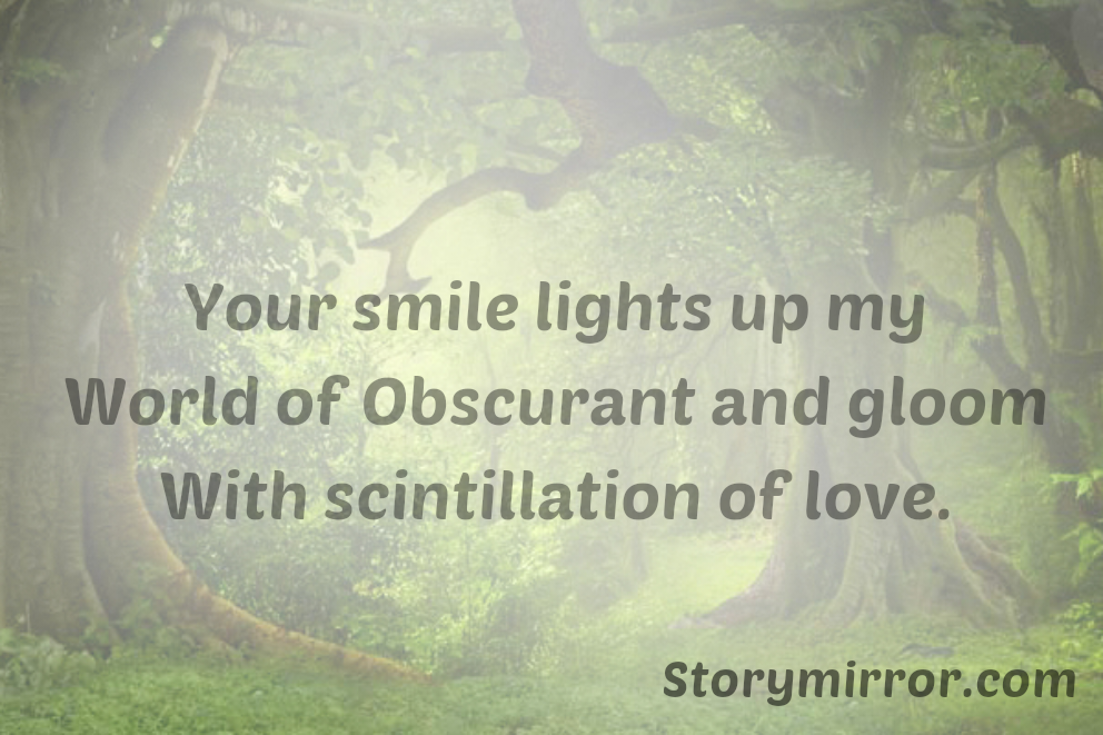 Your smile lights up my
World of Obscurant and gloom
With scintillation of love.

