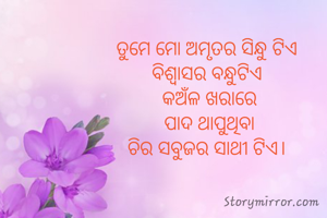 ତୁମେ ମୋ ଅମୃତର ସିନ୍ଧୁ ଟିଏ 
ବିଶ୍ୱାସର ବନ୍ଧୁଟିଏ 
କଅଁଳ ଖରାରେ
ପାଦ ଥାପୁଥିବା
ଚିର ସବୁଜର ସାଥୀ ଟିଏ। 

 