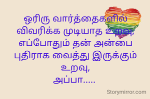 ஒரிரு வார்த்தைகளில் விவரிக்க முடியாத உறவு,
எப்போதும் தன் அன்பை புதிராக வைத்து இருக்கும் உறவு,
அப்பா..... 