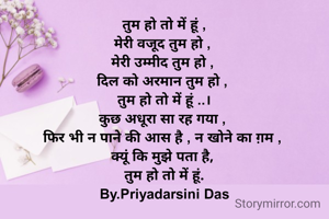 तुम हो तो में हूं ,
मेरी वजूद तुम हो , 
मेरी उम्मीद तुम हो , 
दिल को अरमान तुम हो , 
तुम हो तो में हूं ..।
कुछ अधूरा सा रह गया , 
फिर भी न पाने की आस है , न खोने का ग़म , 
क्यूं कि मुझे पता है, 
तुम हो तो में हूं.
By.Priyadarsini Das