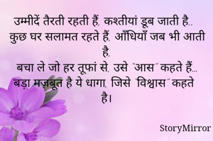 उम्मीदें तैरती रहती हैं, कश्तीयां डूब जाती है..
कुछ घर सलामत रहते हैं, आँधियाँ जब भी आती है,
बचा ले जो हर तूफां से, उसे “आस” कहते हैं…
बड़ा मज़बूत है ये धागा, जिसे “विश्वास” कहते है।