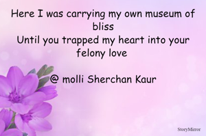 Here I was carrying my own museum of bliss
Until you trapped my heart into your felony  

@ molli Sherchan Kaur
