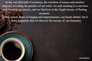 In the vast labyrinth of existence, the corridors of reason and emotion intersect, revealing the paradox of our souls: we seek meaning in a universe indifferent to our desires, and we find love in the fragile beauty of fleeting moments. 
In this cosmic dance of longing and impermanence, our hearts shatter, but it is in the fragments that we discover the mosaic of our humanity.