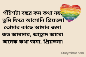 পঁচিশটা বছর কম কথা নয়, 
তুমি ফিরে আসোনি প্রিয়তমা
তোমার কাছে আমার জমা 
কত আবদার, আহ্লাদ আরো 
অনেক কথা জমা, প্রিয়তমা।