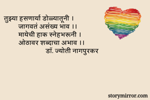 तुझ्या हसणार्या डोळ्यातूनी ।
         जागवतं असंख्य भाव ।।
         मायेची हाक स्नेहभरूनी ।
         ओठावर शब्दाचा अभाव ।।
                          डॉ. ज्योती नागपुरकर