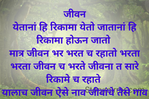 जीवन
येतानां हि रिकामा येतो जातानां हि रिकामा होऊन जातो 
मात्र जीवन भर भरत च रहातो भरता भरता जीवन च भरते जीवना त सारे रिकामे च रहाते 
यालाच जीवन ऐसे नाव जीवांचे तैसे गाव