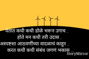 येतात कधी कधी डोळे भरून उगाच ..
    होते मन कधी तरी उदास ..
अस्पष्टशा आठवणींच्या वादळाचं काहूर ..
     करत कधी कधी संबंध जगणं भकास ...
