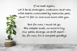 If we meet again,
Let it be as strangers, unknown and new,
With hearts untouched by memories past,
And I’ll fall in love once more with you.

But for now, I must let go,
This chapter ends, no more to try,
Our paths diverge, we drift apart—
So, for now, it’s a complete goodbye