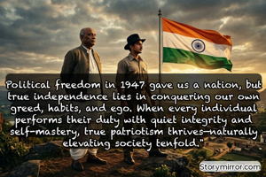 Political freedom in 1947 gave us a nation, but true independence lies in conquering our own greed, habits, and ego. When every individual performs their duty with quiet integrity and self-mastery, true patriotism thrives—naturally elevating society tenfold."

