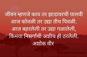 जीवन म्हणजे काय तर झाडावरची पालवी
आज कोवळी तर उद्या तीच पिवळी.
आज बहरलेली तर उद्या गळालेली,
किमया निसर्गाची अशीच ही ठरलेली.
अशोक वीर 
