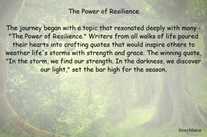 The Power of Resilience

The journey began with a topic that resonated deeply with many - "The Power of Resilience." Writers from all walks of life poured their hearts into crafting quotes that would inspire others to weather life's storms with strength and grace. The winning quote, "In the storm, we find our strength. In the darkness, we discover our light," set the bar high for the season.