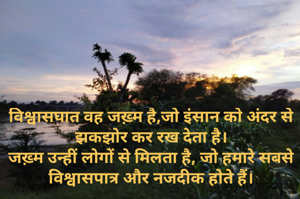 विश्वासघात वह जख़्म है,जो इंसान को अंदर से झकझोर कर रख देता है।
जख़्म उन्हीं लोगों से मिलता है, जो हमारे सबसे विश्वासपात्र और नजदीक होते हैं।