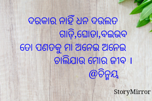 ଦରକାର ନାହିଁ ଧନ ଦଉଲତ
                ଗାଡ଼ି,ଘୋଡା,ବଇଭବ
ତୋ ପଣତକୁ ମା ଅନେଇ ଅନେଇ
                ଚାଲିଯାଉ ମୋର ଜୀବ ।
                        @ଚିନ୍ମୟ

