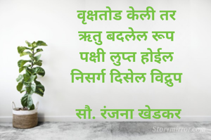 वृक्षतोड केली तर 
ऋतु बदलेल रूप 
पक्षी लुप्त होईल 
निसर्ग दिसेल विद्रुप 

सौ. रंजना खेडकर