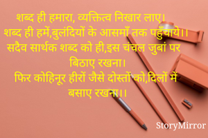 शब्द ही हमारा, व्यक्तित्व निखार लाए।
शब्द ही हमें,बुलंदियों के आसमाँ तक पहुँचाये।।
सदैव सार्थक शब्द को ही,इस चंचल जुबां पर बिठाए रखना।
फिर कोहिनूर हीरों जैसे दोस्तों को,दिलों में बसाए रखना।।