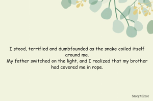 I stood, terrified and dumbfounded as the snake coiled itself around me.
My father switched on the light, and I realized that my brother had covered me in rope.