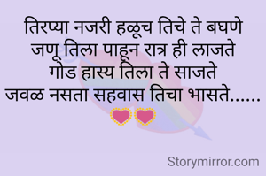 तिरप्या नजरी हळूच तिचे ते बघणे
जणू तिला पाहून रात्र ही लाजते
गोड हास्य तिला ते साजते
जवळ नसता सहवास तिचा भासते......💟💟
