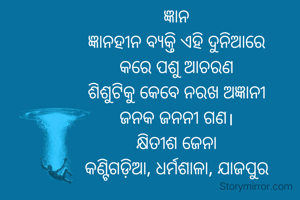 ଜ୍ଞାନ
ଜ୍ଞାନହୀନ ବ୍ୟକ୍ତି ଏହି ଦୁନିଆରେ
କରେ ପଶୁ ଆଚରଣ
ଶିଶୁଟିକୁ କେବେ ନରଖ ଅଜ୍ଞାନୀ
ଜନକ ଜନନୀ ଗଣ।
କ୍ଷିତୀଶ ଜେନା
କଣ୍ଟିଗଡ଼ିଆ, ଧର୍ମଶାଳା, ଯାଜପୁର