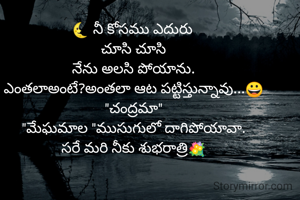 🌜 నీ కోసము ఎదురు 
చూసి చూసి
నేను అలసి పోయాను.
ఎంతలాఅంటే?అంతలా ఆట పట్టిస్తున్నావు...😀 "చంద్రమా"
"మేఘమాల "ముసుగులో దాగిపోయావా.
సరే మరి నీకు శుభరాత్రి💐