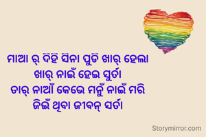 ମାଆ ର୍ ଦିହି ସିନା ପୁଡି ଖାର୍ ହେଲା
ଖାର୍ ନାଇଁ ହେଇ ସୁର୍ତା
ତାର୍ ନାଆଁ କେଭେ ମନୁଁ ନାଇଁ ମରି
ଜିଇଁ ଥିବା ଜୀବନ୍ ସର୍ତା

