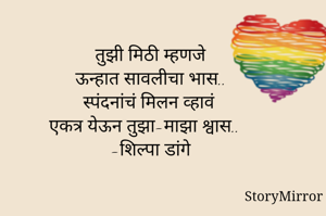 तुझी मिठी म्हणजे
ऊन्हात सावलीचा भास..
स्पंदनांचं मिलन व्हावं
एकत्र येऊन तुझा-माझा श्वास..
-शिल्पा डांगे