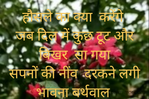 हौसले का क्या  करेंगे 
जब दिल में कुछ टूट और बिखर  सा गया
सपनों की नींव  दरकने लगी
भावना बर्थवाल 
