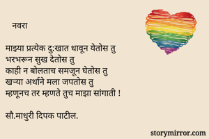    नवरा

माझ्या प्रत्येक दु:खात धावून येतोस तु
भरभरून सुख देतोस तु 
काही न बोलताच समजून घेतोस तु
खर्‍या अर्थाने मला जपतोस तु
म्हणूनच तर म्हणते तुच माझा सांगाती !

सौ.माधुरी दिपक पाटील.
