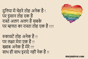 दुनिया में चेहरे तोह अनेक है !
पर इंसान तोह एक है
रास्ते अलग अलग है सबके
पर म्हणत का रास्ता तोह एक है !!!!

रुकावटें तोह अनेक है !!
पर लक्ष्य मेरा एक है !!
ख्वाब अनेक है मेरे !!!
साथ ही साथ इरादे नहीं नेक है !!

जीवन नाम है चलने का 
पर ठहरना भी तुम क