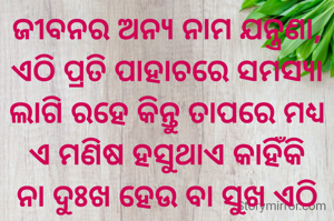 ଜୀବନର ଅନ୍ୟ ନାମ ଯନ୍ତ୍ରଣା, ଏଠି ପ୍ରତି ପାହାଚରେ ସମସ୍ୟା ଲାଗି ରହେ କିନ୍ତୁ ତାପରେ ମଧ୍ୟ ଏ ମଣିଷ ହସୁଥାଏ କାହିଁକି ନା ଦୁଃଖ ହେଉ ବା ସୁଖ ଏଠି ପ୍ରତି ପରିସ୍ଥିତି ରେ ବଞ୍ଚିବାକୁ ପଡ଼ିଥାଏ ଆଉ ଯେଉଁ ମଣିଷ ସମସ୍ୟାକୁ ଡରିଯାଏ ସେ ଜୀବନରେ ହାରିଯାଏ ।