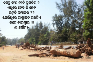 ଏସବୁ କ'ଣ ନୀତି ପ୍ରଗତିର ? 
ଏଥିରେ ହେବ କି ହେବ
ଉନ୍ନତି ସମାଜର ??
ଯେଉଁଥିରେ ରାସ୍ତାକଡ ଗଛଟିଏ
କଟେ ବାରମ୍ବାର !!!
@-ସୌମ୍ୟ-