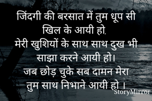 जिंदगी की बरसात में तुम धूप सी खिल के आयी हो, 
मेरी खुशियों के साथ साथ दुख भी
साझा करने आयी हो।