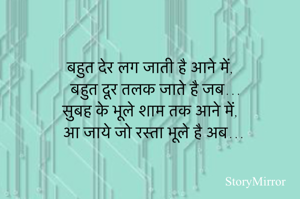 बहुत देर लग जाती है आने में,
बहुत दूर तलक जाते है जब…
सुबह के भूले शाम तक आने में,
आ जाये जो रस्ता भूले है अब…