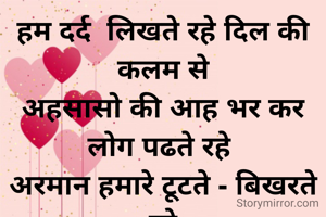 हम दर्द  लिखते रहे दिल की कलम से
अहसासो की आह भर कर
लोग पढते रहे 
अरमान हमारे टूटते - बिखरते रहे
संजो कर भावनाओ के मोती 
स्मृतियो  की पोटली मे जोड़ते रहे।
चंद वादे ,शिकवे गिलो, सिरहन तेरे छूने की
कुछ लम्हे अधखिली कलियो से
हम बयान कर ना सके।
लोग पढते रहे।।
वाह करते गए। 