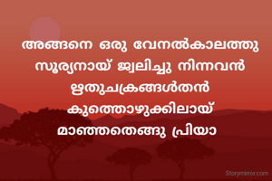 അങ്ങനെ ഒരു വേനൽകാലത്തു
സൂര്യനായ് ജ്വലിച്ചു നിന്നവൻ
ഋതുചക്രങ്ങൾതൻ കുത്തൊഴുക്കിലായ്
മാഞ്ഞതെങ്ങു പ്രിയാ 