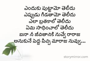 ఎందుకు పుట్టామో తెలీదు
ఎప్పుడు గిడతామో తెలీదు 
ఎలా బ్రతకాలో తెలీదు 
ఏమి సాధించాలో తెలీదు 
ఐనా నీ జీవితానికి నువ్వే రారాజు
అనుకునే పెద్ద పిచ్చి మారాజు నువ్వు…