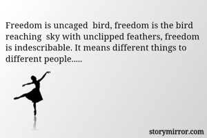 Freedom is uncaged  bird, freedom is the bird reaching  sky with unclipped feathers, freedom is indescribable. It means different things to different people.....