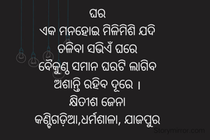 ଘର
ଏକ ମନହୋଇ ମିଳିମିଶି ଯଦି
ଚଳିବା ସଭିଏଁ ଘରେ
ବୈକୁଣ୍ଠ ସମାନ ଘରଟି ଲାଗିବ
ଅଶାନ୍ତି ରହିବ ଦୂରେ ।
କ୍ଷିତୀଶ ଜେନା
କଣ୍ଟିଗଡ଼ିଆ,ଧର୍ମଶାଳା, ଯାଜପୁର