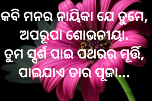କବି ମନର ନାୟିକା ଯେ ତୁମେ, 
ଅପରୂପା ଶୋଭନୀୟା. 
ତୁମ ସ୍ପର୍ଶ ପାଇ ପଥରର ମୂର୍ତ୍ତି, 
ପାଇଯାଏ ତାର ପୂଜା... 