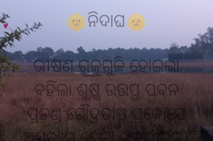 🌞ନିଦାଘ🌞

ଭୀଷଣ ଗୁଳୁଗୁଳି ହୋଇଲା
ବହିଲା ଶୁଷ୍କ ଉତ୍ତପ୍ତ ପବନ
ପ୍ରଚଣ୍ଡ ରୌଦ୍ରତାପ ପ୍ରକୋପେ
ଅସ୍ତବ୍ୟସ୍ତ ହେଲା ଜନଜୀବନ।
        ________
                 ନାରାୟଣ ଚନ୍ଦ୍ର ନାୟକ
                 ଜାମସେଦପୁର
