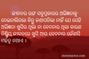 
        ଜୀବନର ରଙ୍ଗ ସବୁପ୍ରକାରର ଅଭିଜ୍ଞତାକୁ ଦେଇଚାଲିଗଲା କିନ୍ତୁ ଜଣାପଡିଲା ନାହିଁ ଯେ ସେହି ଅଭିଜ୍ଞତା ଖୁସିର ଥିଲା ନା ବେଦନାର ଥିଲା କାରଣ ନିଷ୍କ୍ରିୟ ଜୀବନରେ ଖୁସି ଆଉ ବେଦନାର କୌଣସି ମହତ୍ୱ ନଥାଏ ।