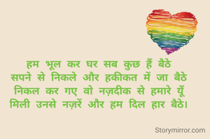 हम भूल कर घर सब कुछ हैं बैठे
सपने से निकले और हकीकत में जा बैठे
निकल कर गए वो नज़दीक से हमारे यूँ
मिली उनसे नज़रें और हम दिल हार बैठे।