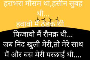 सर्द हवाएं थी,रोशन फिजायें थी....
हराभरा मौसम था,हसीन सुबह थी...
हवावो मैं ठंडक थी...
फिजावो मैं रौनक़ थी...
जब निंद खुली मेरी,तो मेरे साथ
मैं और बस मेरी परछाईं थी....