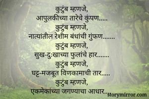    कुटुंब 

कुटुंब म्हणजे,
आपुलकीच्या तारेचे कुंपण.....
कुटुंब म्हणजे,
नात्यांतील रेशीम बंधांची गुंफण.......
कुटुंब म्हणजे,
सुख-दुःखाच्या फुलांचे हार.......
कुटुंब म्हणजे,
घट्ट-मजबूत विणकामाची तार.....
कुटुंब म्हणजे,
एकमेकांच्या जगण्याचा आधार....