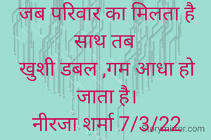 जब परिवार का मिलता है साथ तब 
खुशी डबल ,गम आधा हो जाता है।
नीरजा शर्मा 7/3/22

