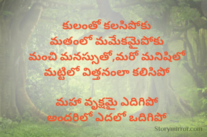 కులంతో కలసిపోకు
మతంలో మమేకమైపోకు
మంచి మనస్సుతో,మరో మనిషిలో
మట్టిలో విత్తనంలా కలిసిపో

మహా వృక్షమై ఎదిగిపో
అందరిలో ఎదలో ఒదిగిపో