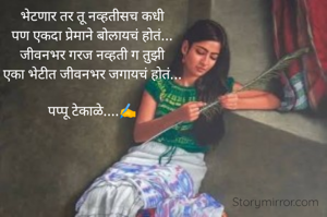 भेटणार तर तू नव्हतीसच कधी
पण एकदा प्रेमाने बोलायचं होतं...
जीवनभर गरज नव्हती ग तुझी
एका भेटीत जीवनभर जगायचं होतं...

पप्पू टेकाळे....✍️

