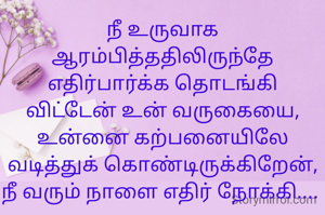 நீ உருவாக ஆரம்பித்ததிலிருந்தே எதிர்பார்க்க தொடங்கி விட்டேன் உன் வருகையை, உன்னை கற்பனையிலே வடித்துக் கொண்டிருக்கிறேன்,
நீ வரும் நாளை எதிர் நோக்கி.... 