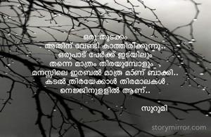 
ഒരു തുടക്കം 
അതിന് വേണ്ടി കാത്തിരിക്കുന്നു..
ഒരുപാട് പേർക്ക് ഇടയിലും 
തന്നെ മാത്രം തിരയുമ്പോളും  , 
മനസ്സിലെ ഇരബൽ മാത്ര മാണ് ബാക്കി..
കടൽ തിരയേക്കാൾ തിരമാലകൾ 
നെജ്ജിനുളളിൽ ആണ്..

                                     സുറുമി