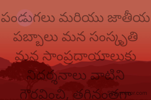 పండుగలు మరియు జాతీయ పబ్బాలు మన సంస్కృతి మన సాంప్రదాయాలుకు‌ నిదర్శనాలు వాటిని గౌరవించి, తగినంతగా పద్దతులను పాటిస్తే చాలు అంతా శుభం 